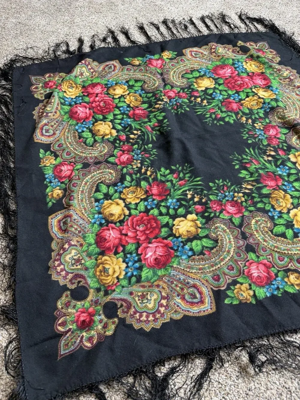 Platki Russian 100% Wool Black Bright Floral Lightweight Scarf & Fringe